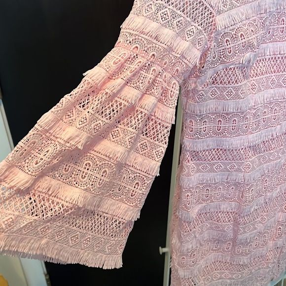 Nwt Cynthia rowley pink crochet and fringe mini dress w bell sleeves - size 6 - Picture 2 of 4